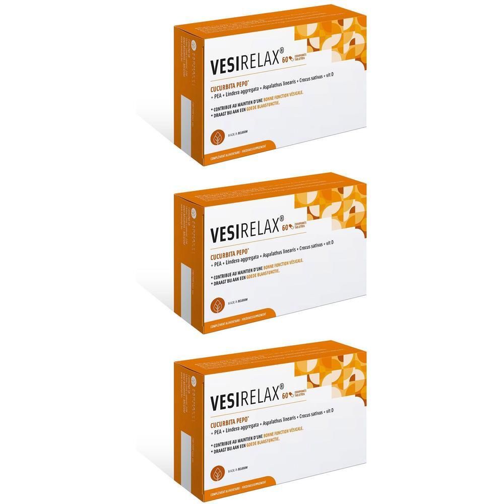 Drie dozen Vesirelax®. Oranje verpakking met productnaam en informatie. Weergave van bovenaf.
