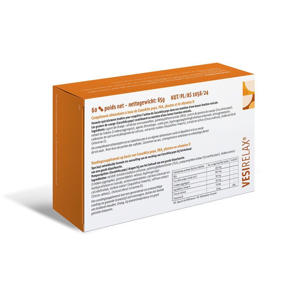 Achterkant van een Vesirelax®-doos. Oranje, met tekst en voedingsinformatie. Productnaam zichtbaar.