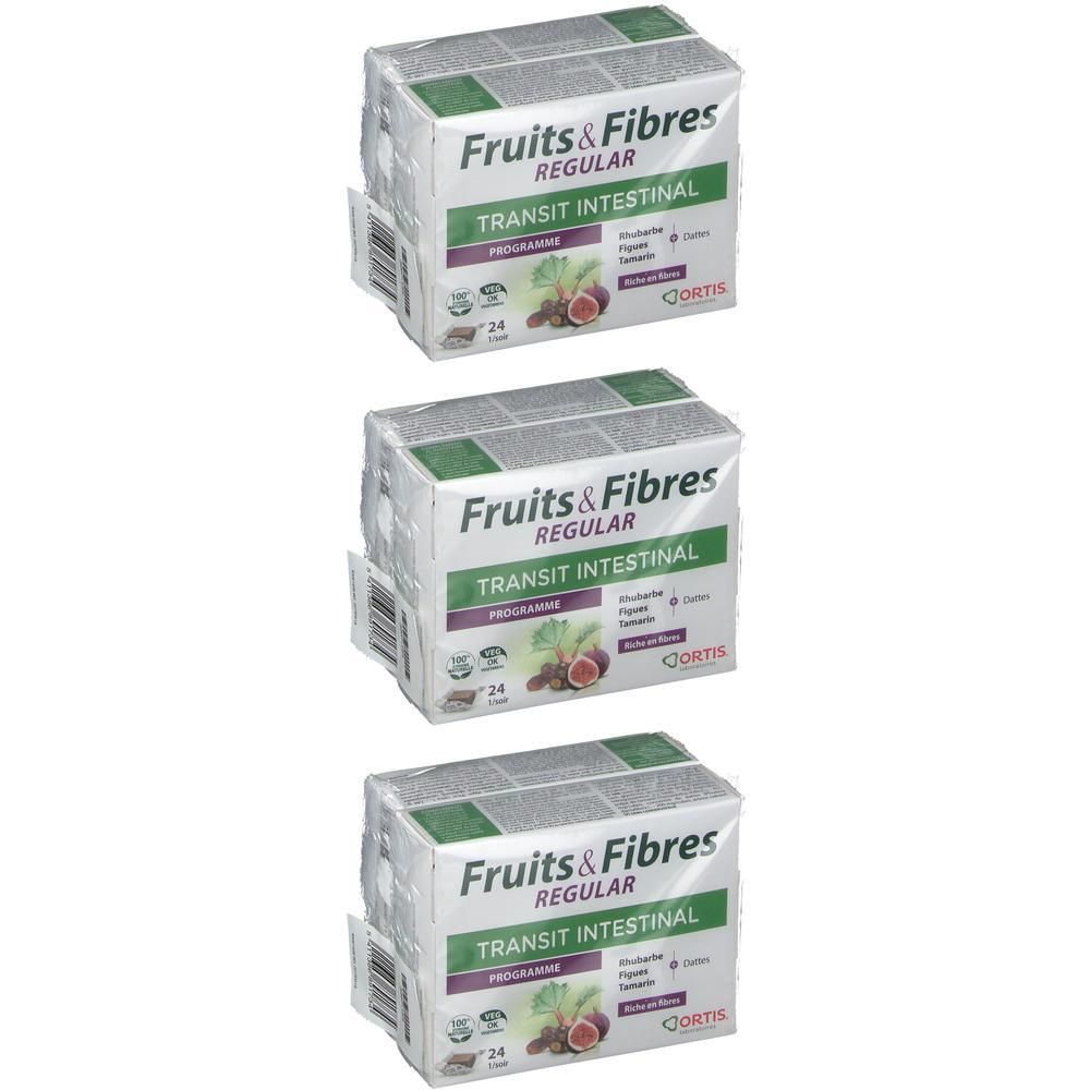 Drie verpakkingen Ortis Fruits & Fibres Regular. Elke verpakking toont de productnaam en de tekst 'Transit Intestinal'.