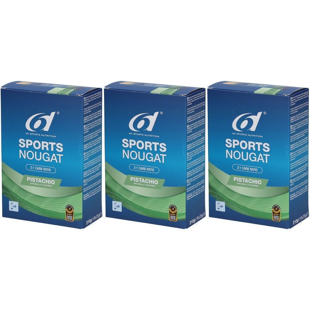 Drie blauwe dozen met "Sports Nougat Pistache". Logo "6D Sports Nutrition". 2:1 Carb Ratio. Pistache.