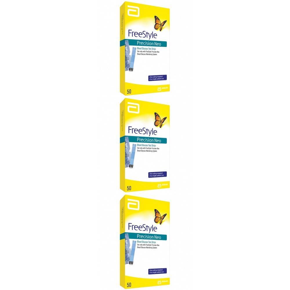 Drie dozen Freestyle Precision Neo teststrips. Gele verpakking met logo, vlinder en productnaam. Opschrift "50". 
