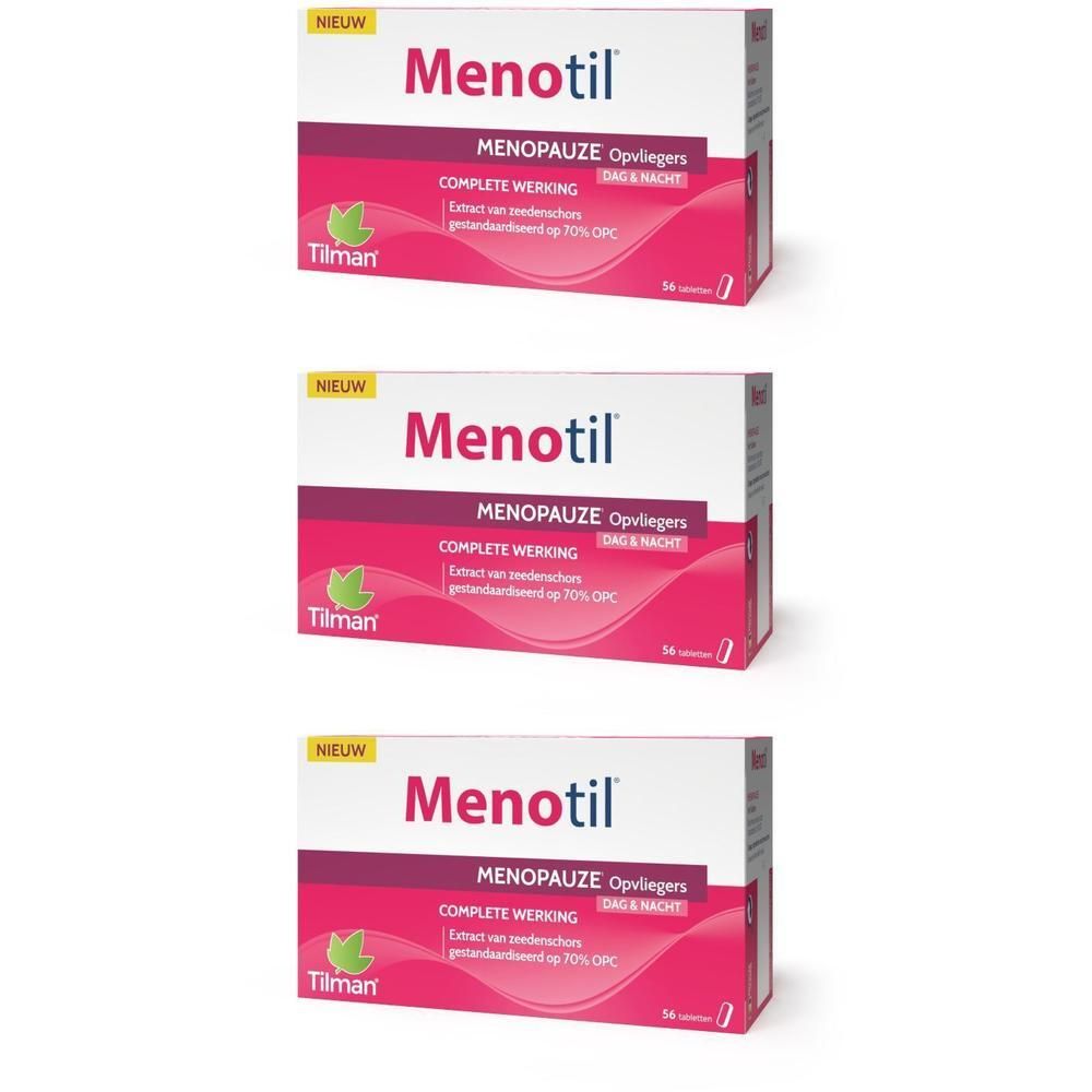 Drie verpakkingen Tilman Menotil voor de menopauze, complete werking, dag & nacht.