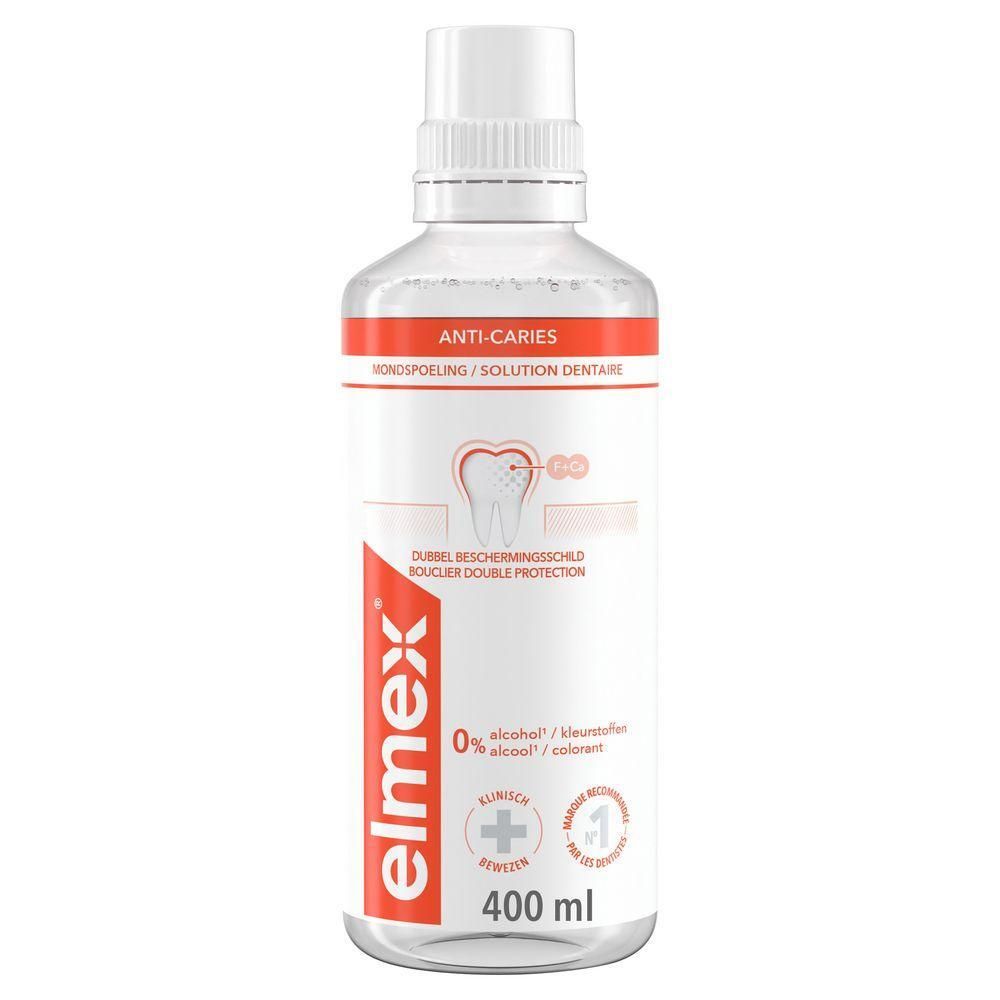 Flacon de bain de bouche blanc, bande rouge. Inscriptions: elmex, Anti-Caries, 0% alcool, 400 ml.
