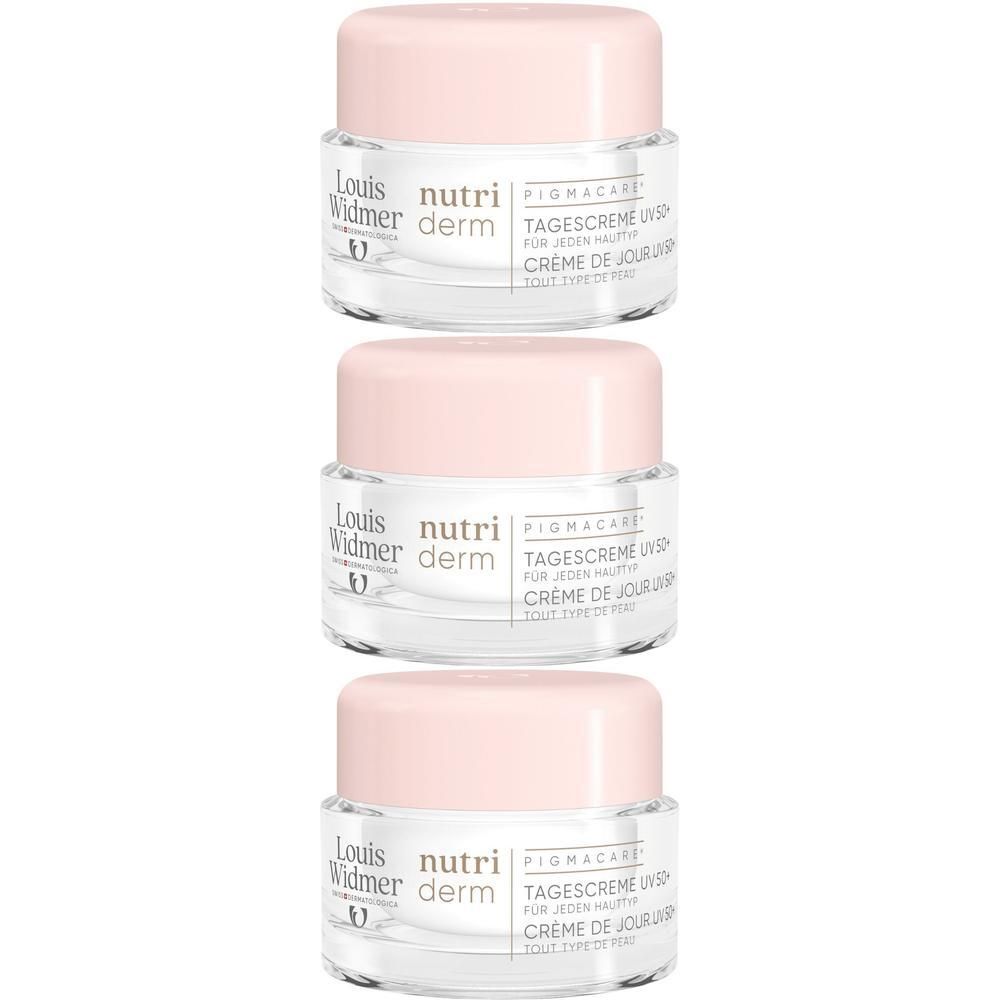 Drie potjes Louis Widmer nutriderm Pigmacare Crème de Jour UV50+ Sans Parfum. Roze deksels, transparante potjes.