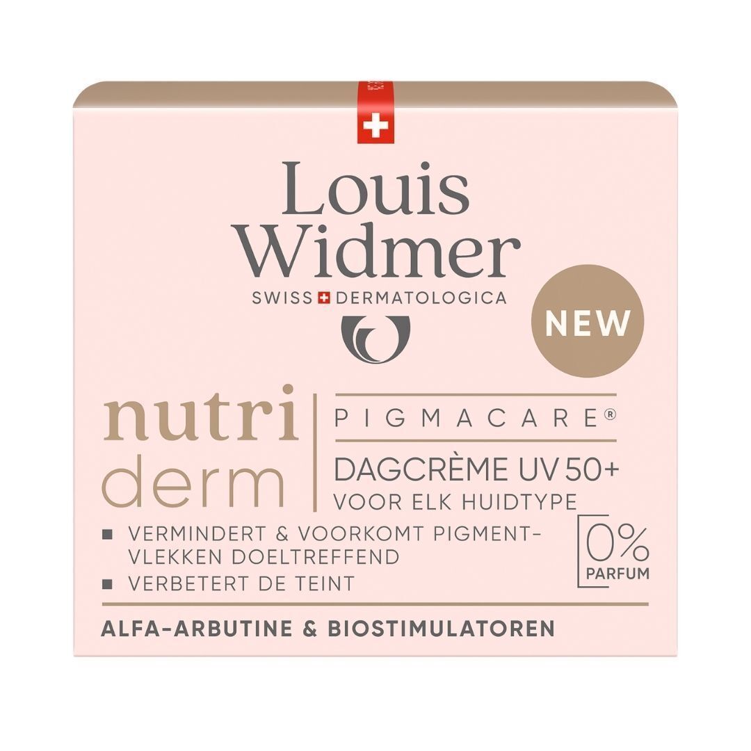 Verpakking Louis Widmer nutriderm Pigmacare Dagcrème UV50+ Sans Parfum. Roze en wit, tekst, logo, UV50%, 0% Parfum.