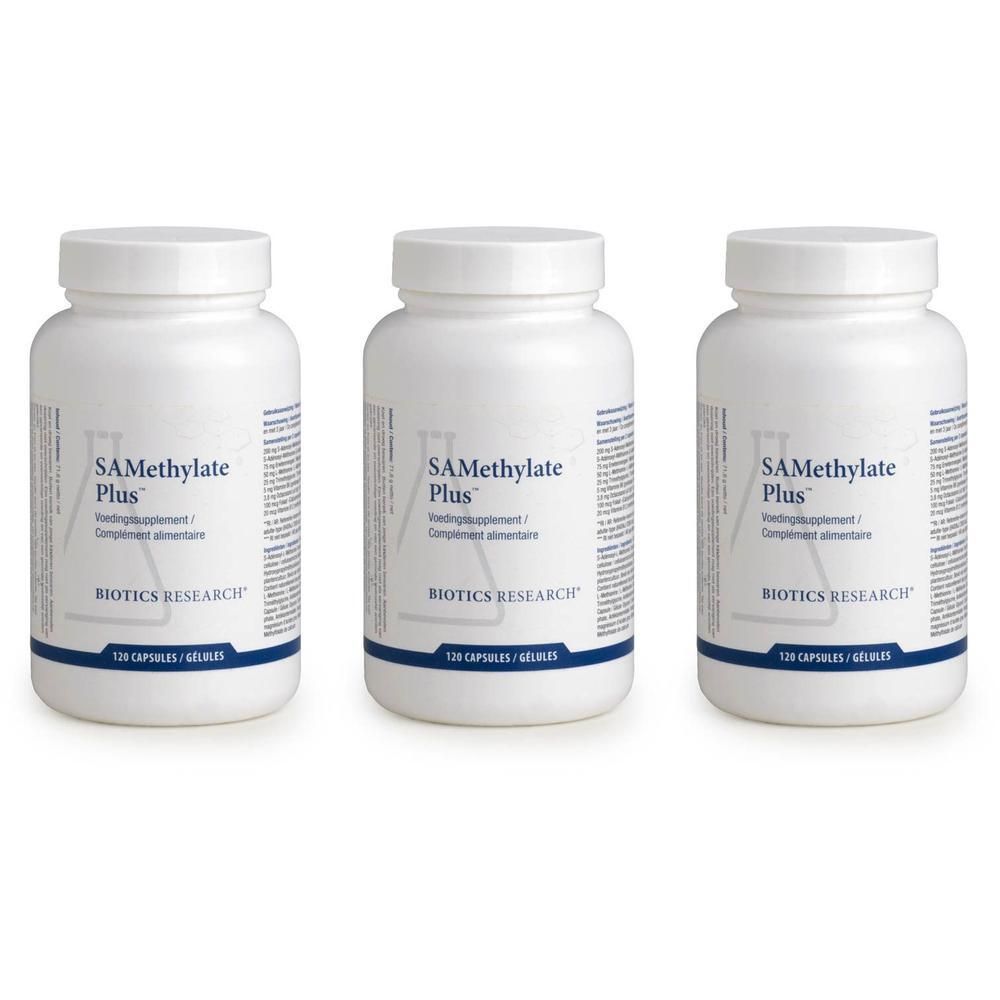 Drie witte flessen met etiketten. Opschrift: SAMethylate Plus, voedingssupplement, Biotics Research. 120 capsules.