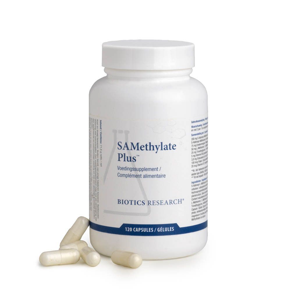Flacon blanc avec étiquette. Inscription : SAMethylate Plus, complément alimentaire, Biotics Research. 120 gélules. Gélules à côté.