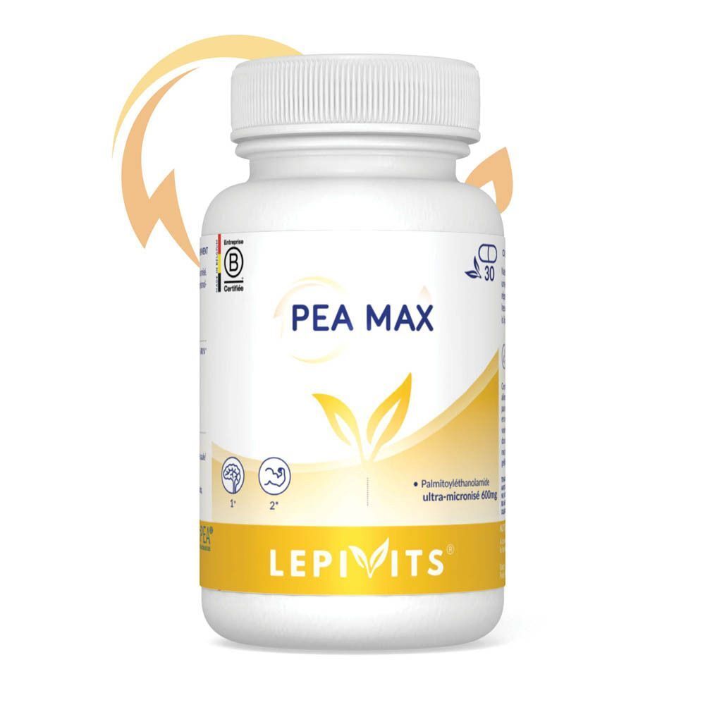 Flacon blanc avec inscription PEA MAX. Étiquette jaune avec logo LEPIVITS. Contient 30 gélules. Avec éclair jaune.