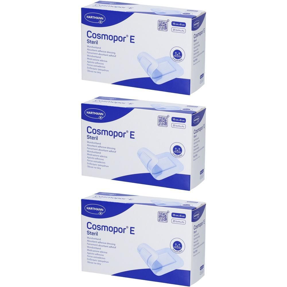 Drie dozen Hartmann Cosmopor E Steril. Blauw-witte verpakking met productafbeelding en tekst. Steriel aanduiding.