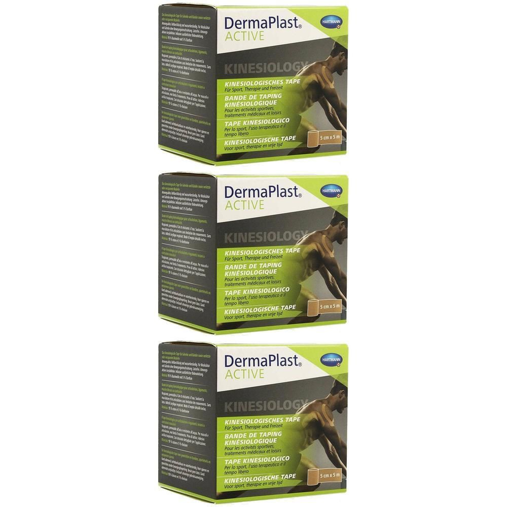 Trois boîtes de HARTMANN Dermaplast Active Kinesiology. Inscription : Kinesiology Tape. Emballage vert et noir avec une personne.