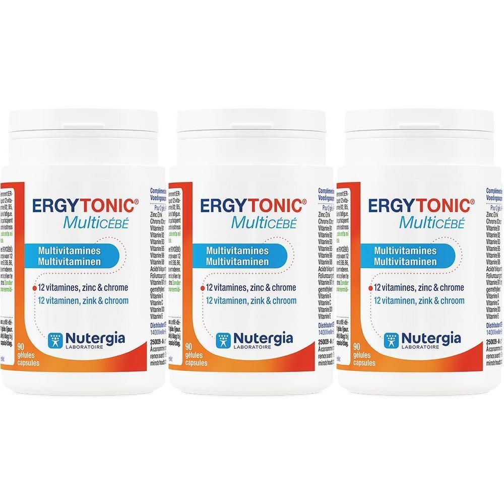 Drie witte flessen met etiketten. Opschrift: Ergytonic Multicébé, Multivitamines, 12 vitaminen, zink en chroom. Merk: Nutergia.