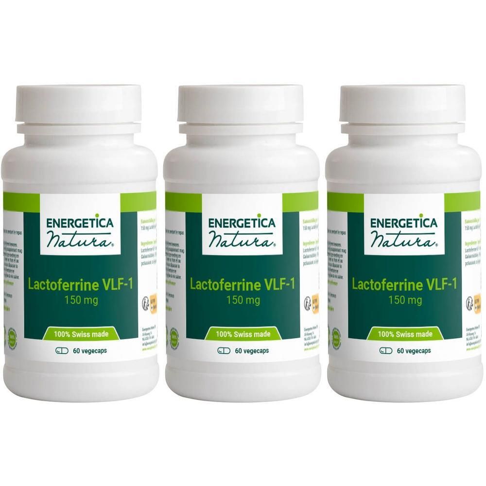 Drie witte flessen met groene etiketten. De etiketten tonen "Energetica Natura Lactoferrine VLF-1 150 mg".