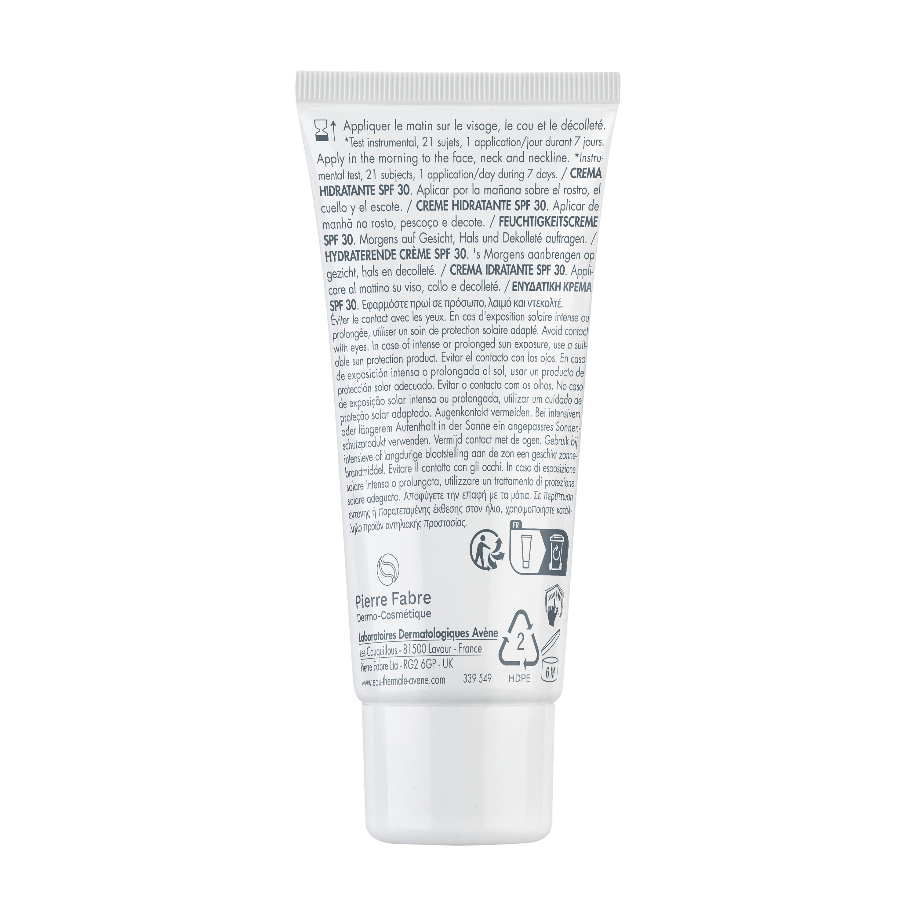 Achterkant van een tube Hydrance Crème Hydratante SPF30. Meertalige tekst, ingrediënten en logo's.