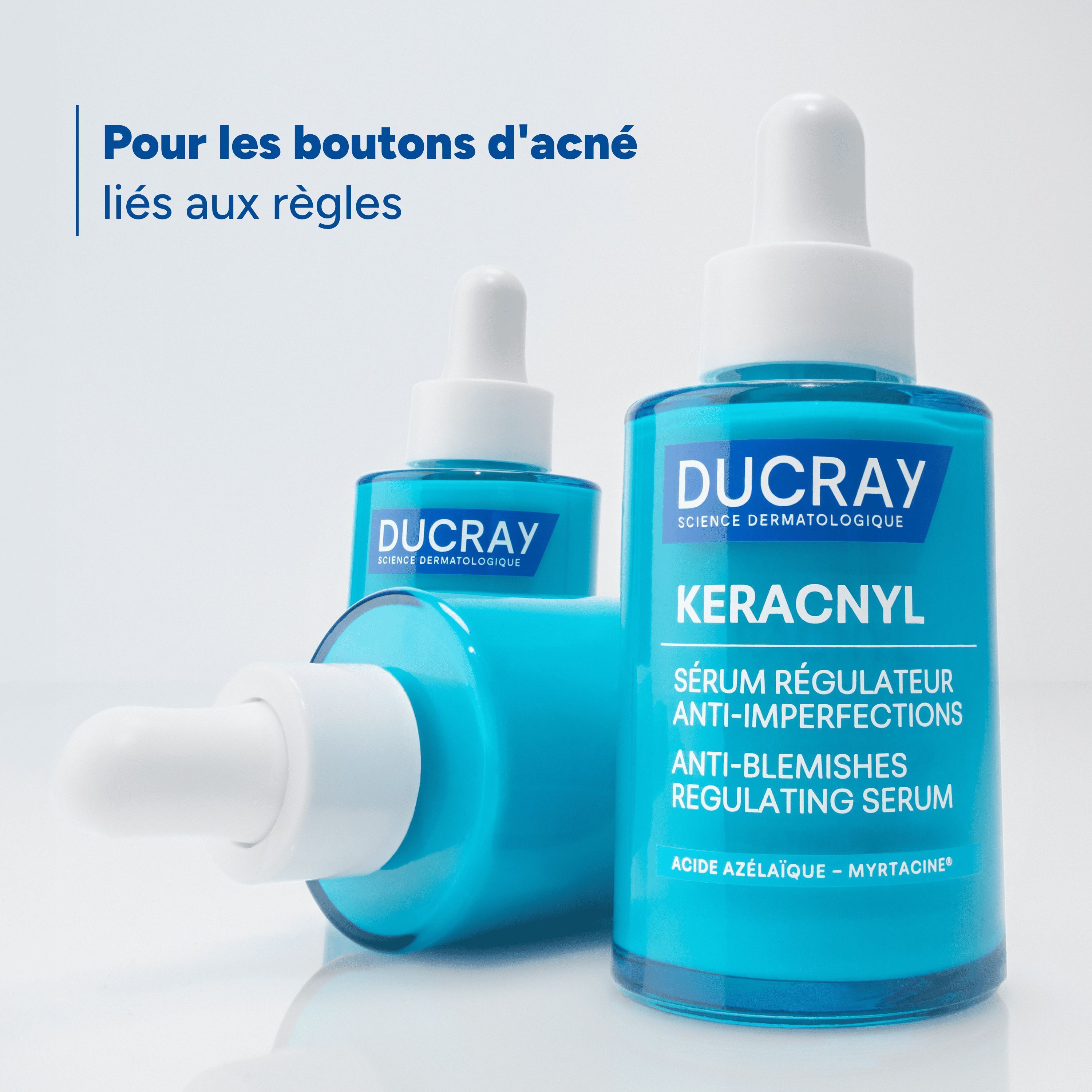 Deux flacons de sérum Ducray Keracnyl. Texte : Pour les boutons d'acné liés aux règles.