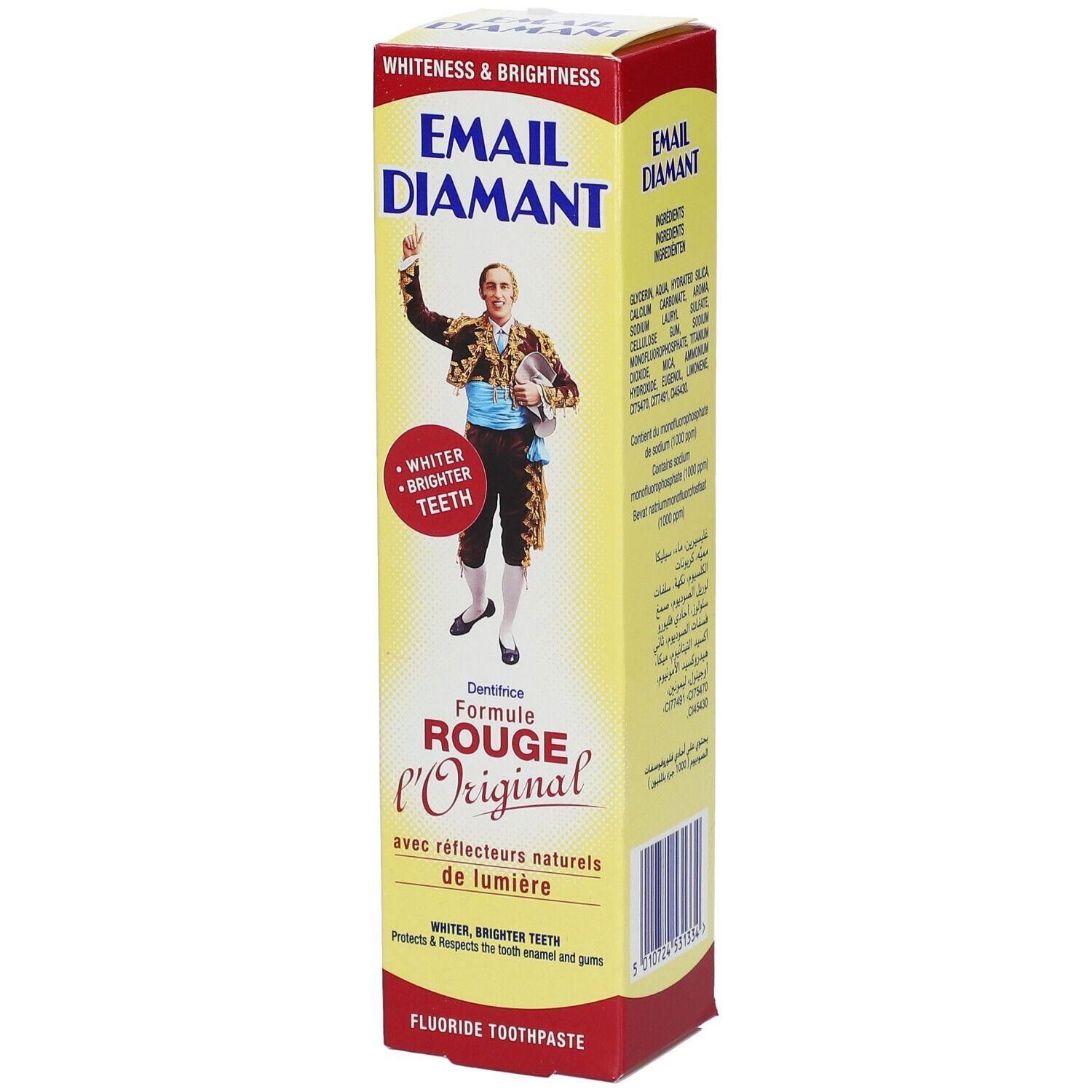 Tandpasta verpakking met EMAIL DIAMANT logo. Tekst: Formule Rouge l'Original. Afbeelding van man in traditionele kleding.