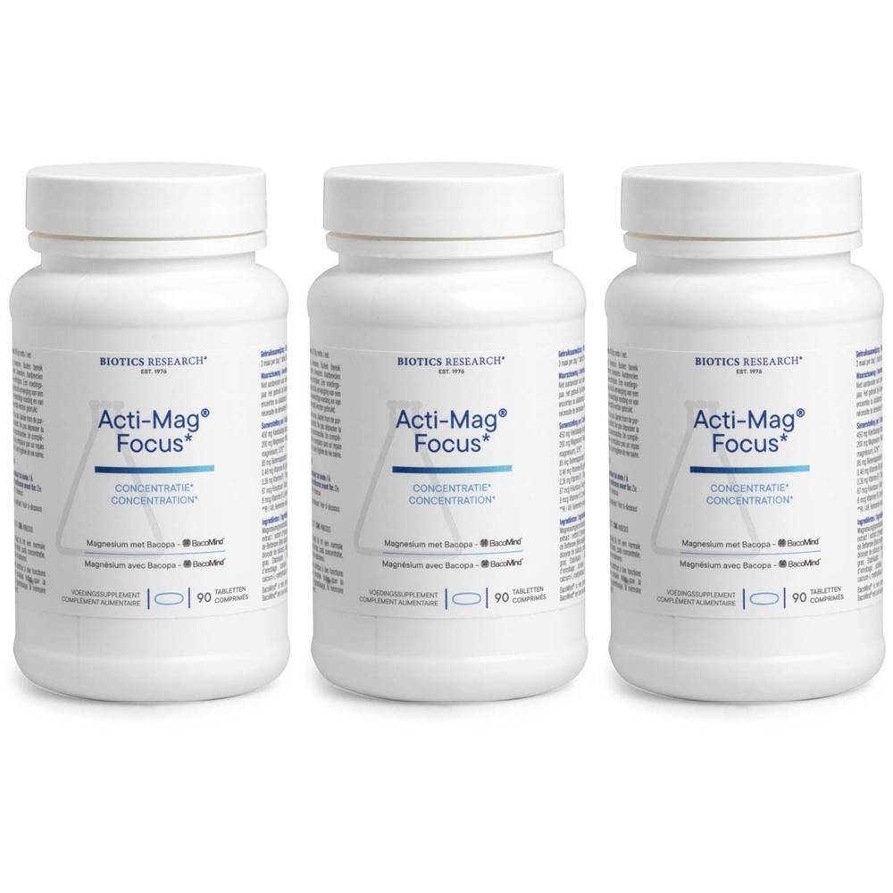 Trois flacons blancs avec étiquettes. Inscription : Acti-Mag Focus, Concentré. 90 comprimés. Biotics Research.