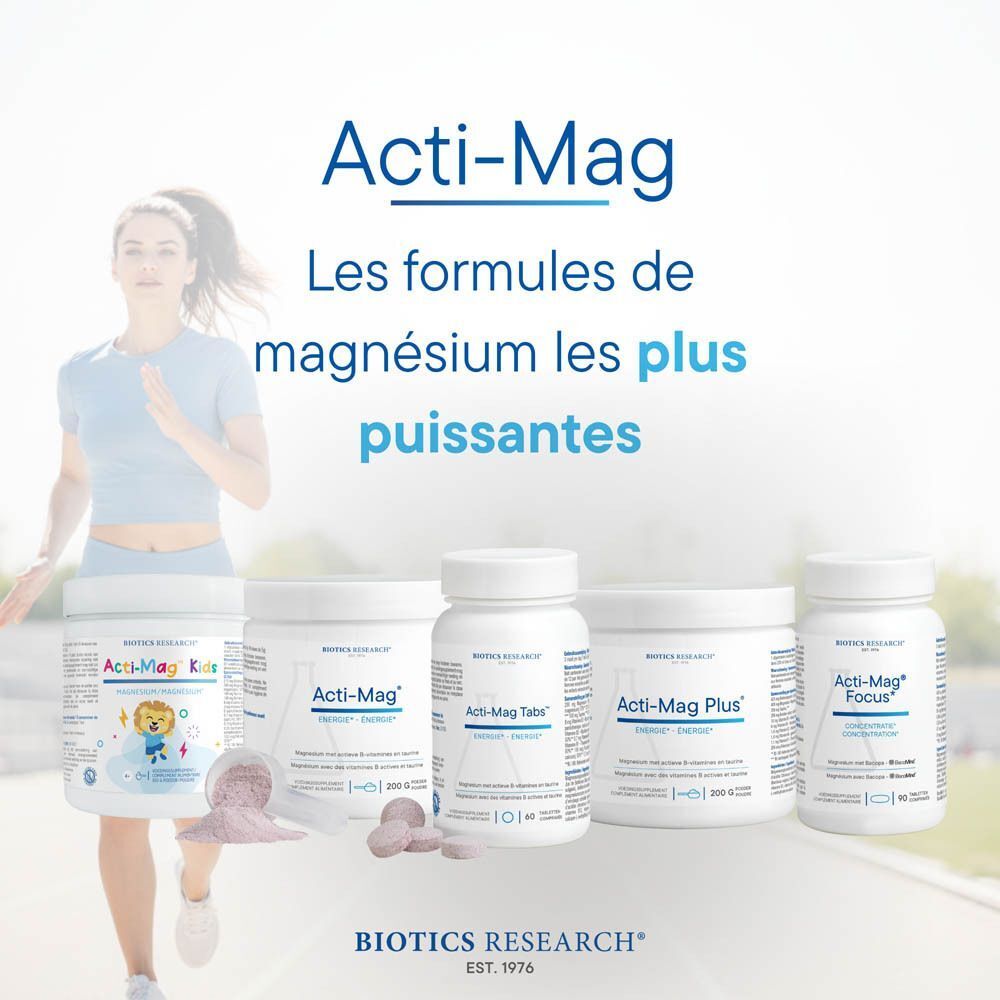 Gamme de produits Biotics Research Acti-Mag avec une coureuse.