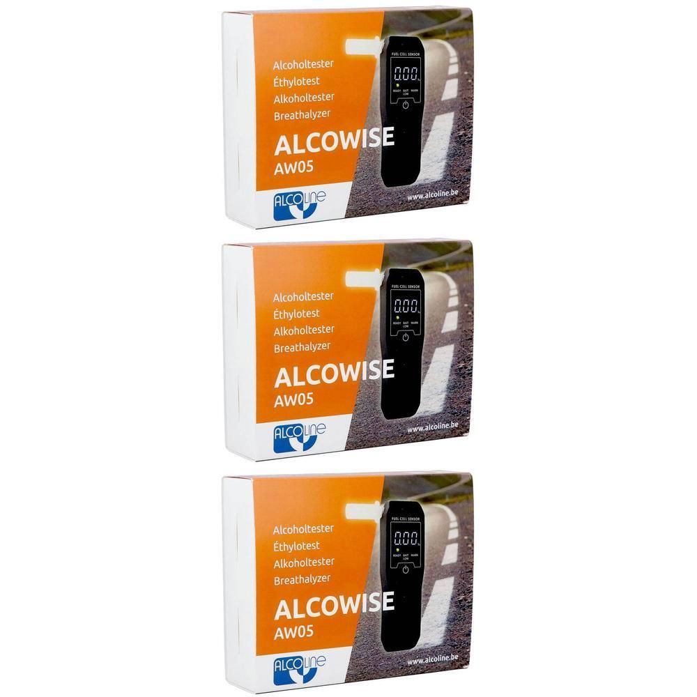 Trois boîtes d'éthylotests. Chaque boîte présente un éthylotest noir avec écran et la marque ALCOWISE.