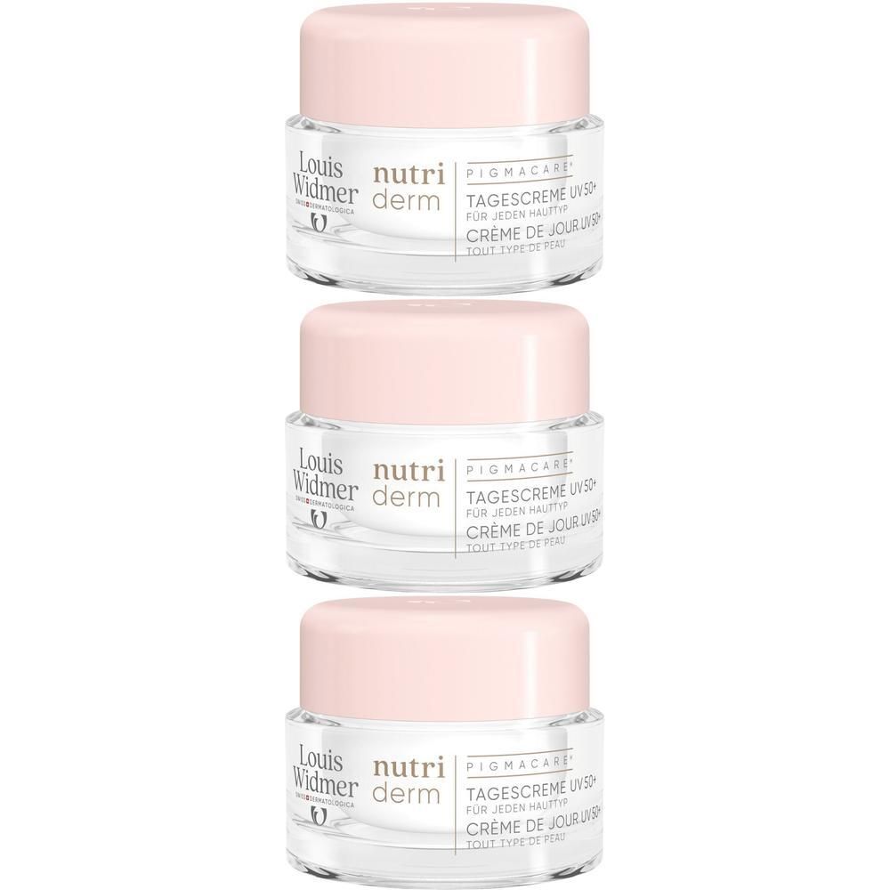 Drie potjes Louis Widmer nutriderm Pigmacare Crème de Jour UV50+. Roze deksels, transparante potjes.