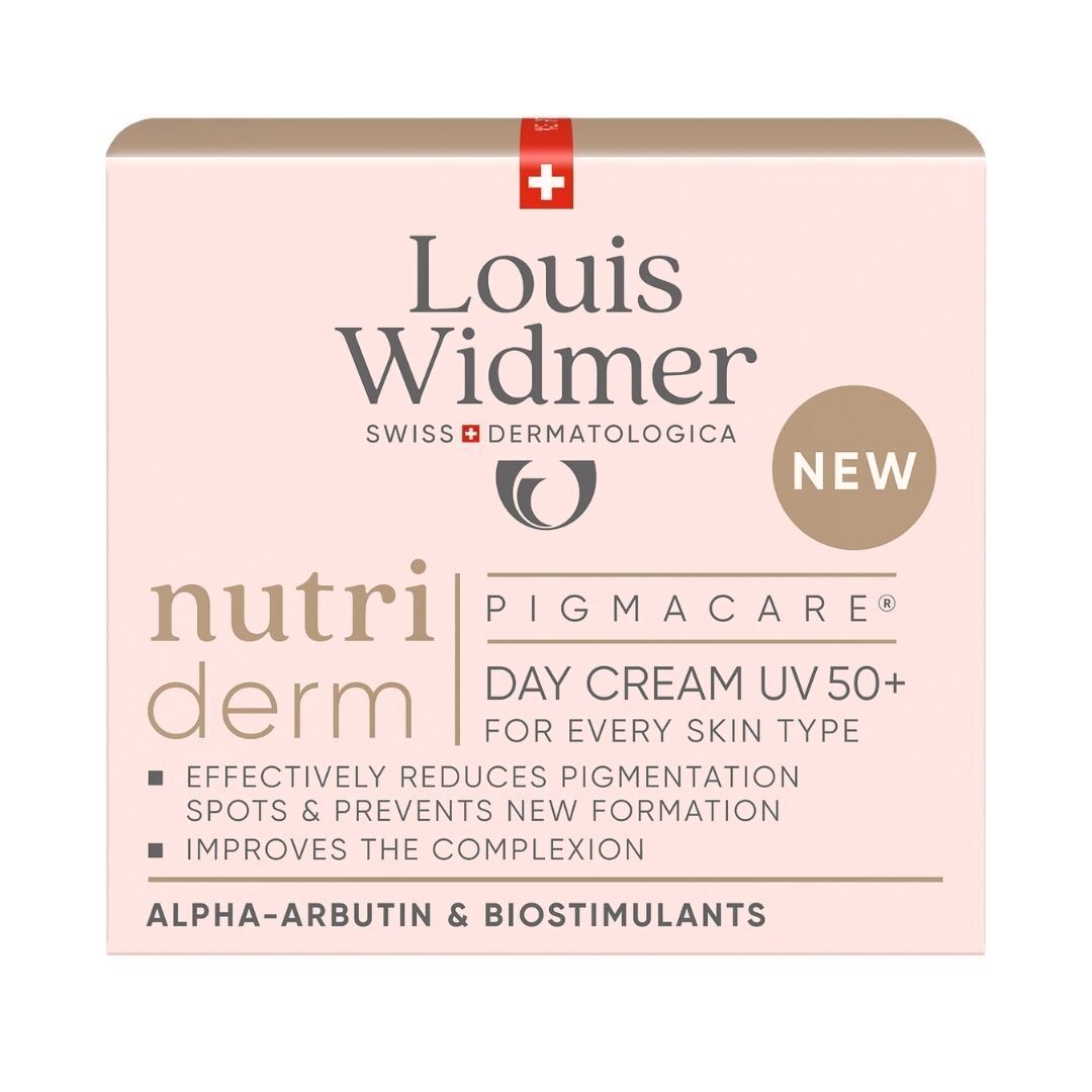 Emballage Louis Widmer nutriderm Pigmacare Crème de Jour UV50+. Rose, blanc et marron. Texte: Day Cream UV 50+.
