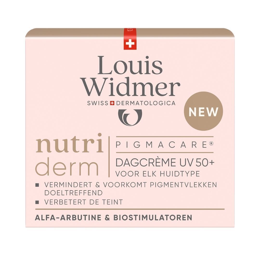 Verpakking Louis Widmer nutriderm Pigmacare Dagcrème UV 50+. Roze, wit en bruin. Tekst: Dagcrème UV 50+.
