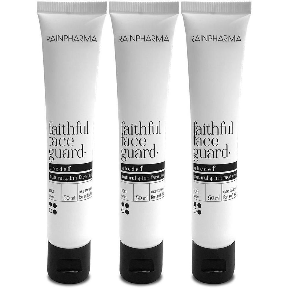 Trois tubes blancs. Chaque tube porte l'inscription "RAINPHARMA" et "faithful face guard". Bouchon noir, 50 ml.