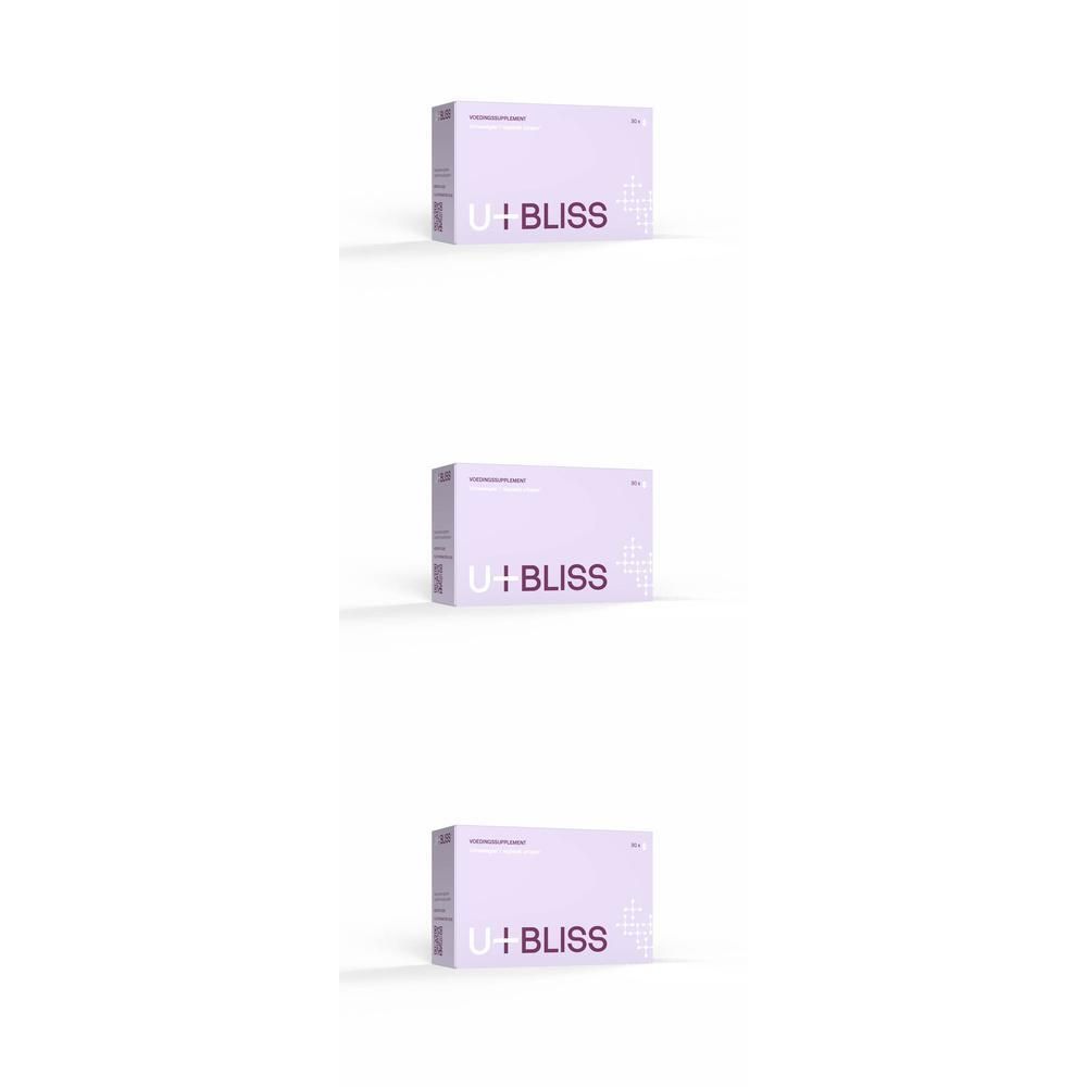 Drie U-bliss dozen, rechthoekig, wit-paars, met productnaam. Gestapeld.