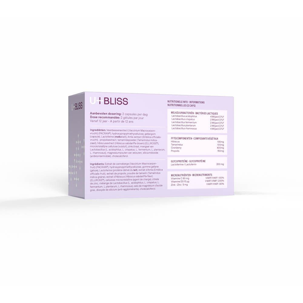 U-bliss doos, wit-paars, met ingrediëntenlijst en voedingswaarde-informatie.