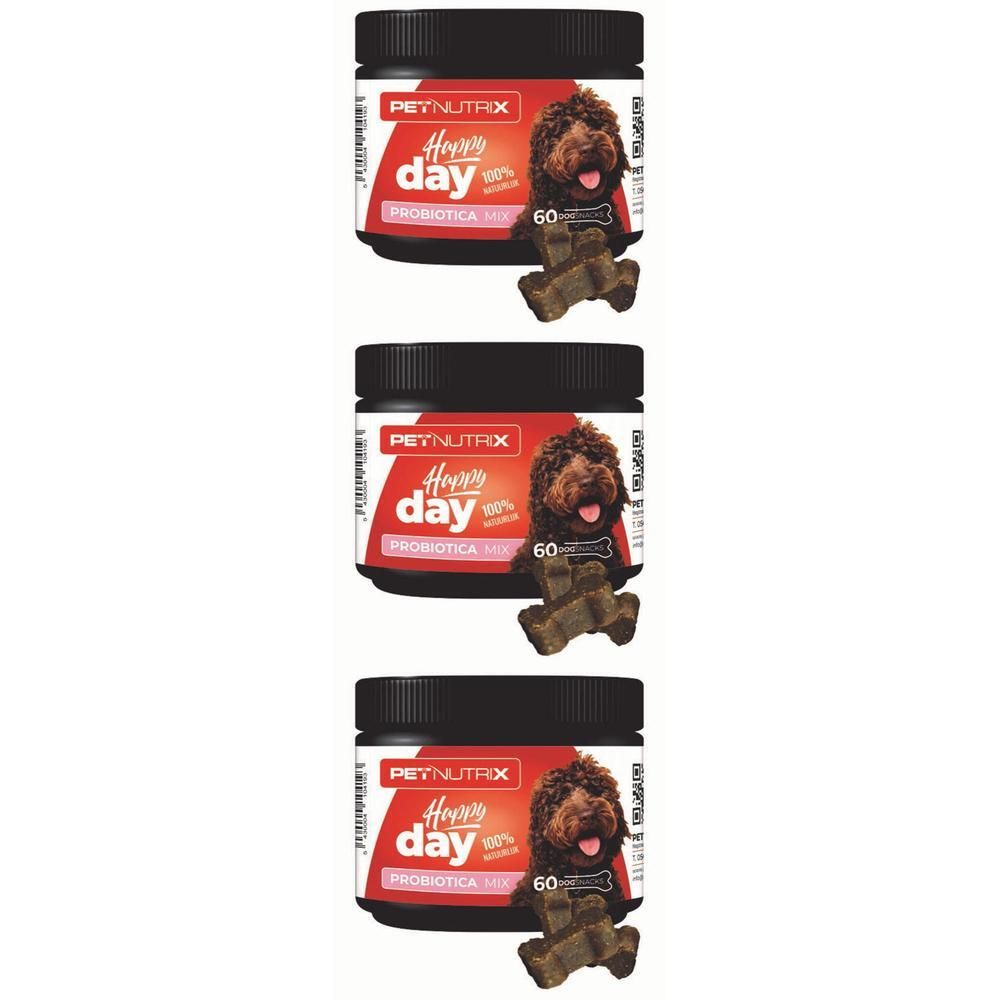 Trois boîtes de Petnutrix Happy Day Mix Probiotique. Couvercles noirs, étiquettes rouges avec nom et image de chien. 60 unités.