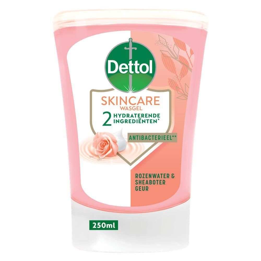 Roze vloeibare zeep met Dettol-logo. Opschrift: Skincare Wasgel, 2 hydraterende ingrediënten, antibacterieel. Geur: Rosenwater & Sheaboter geur.