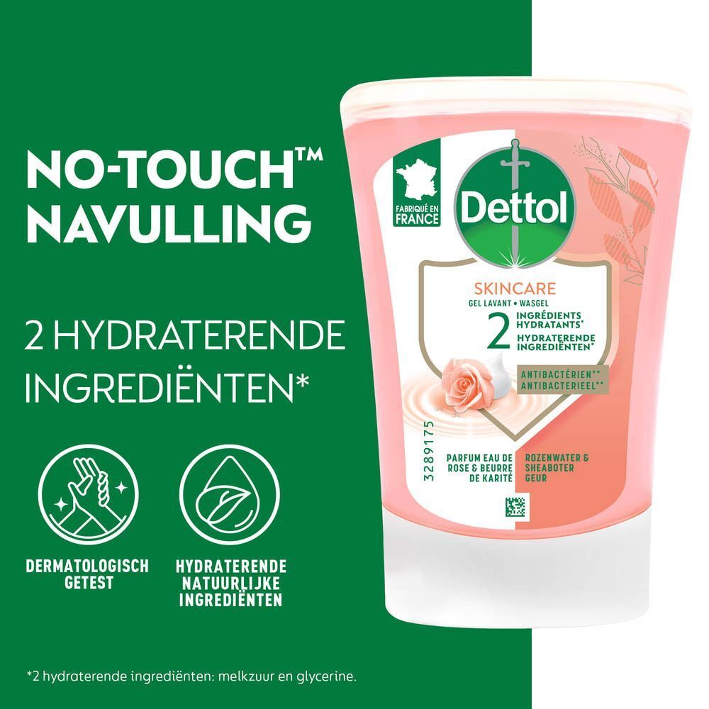 Dettol navulling met opschrift: Skincare Wasgel, 2 hydraterende ingrediënten, antibacterieel. Logo's: Dermatologisch getest, hydraterende ingrediënten.