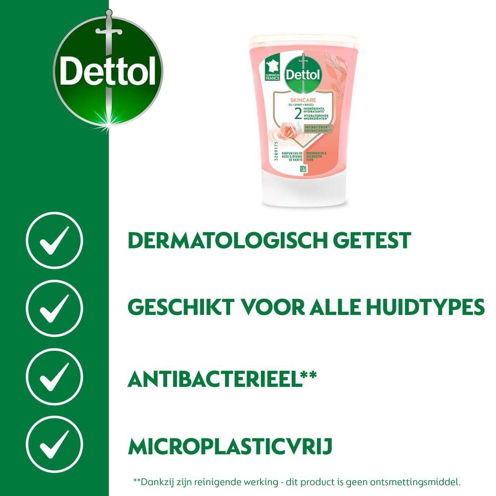 Dettol product met groene vinkjes. Tekst: Dermatologisch getest, geschikt voor alle huidtypes, antibacterieel, microplasticvrij.