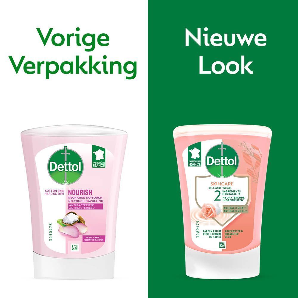 Vergelijking: oude en nieuwe Dettol verpakking. Links: Nourish. Rechts: Skincare Wasgel, 2 hydraterende ingrediënten, antibacterieel.
