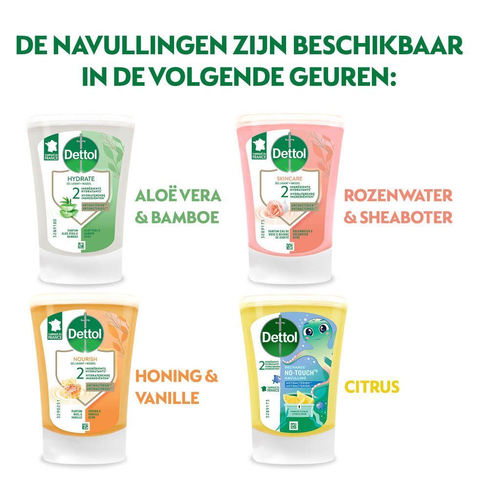 Vier Dettol navullingen. Aloe Vera & Bamboe, Rosenwater & Sheaboter, Honing & Vanille, Citrus. Alle met logo en opschrift.
