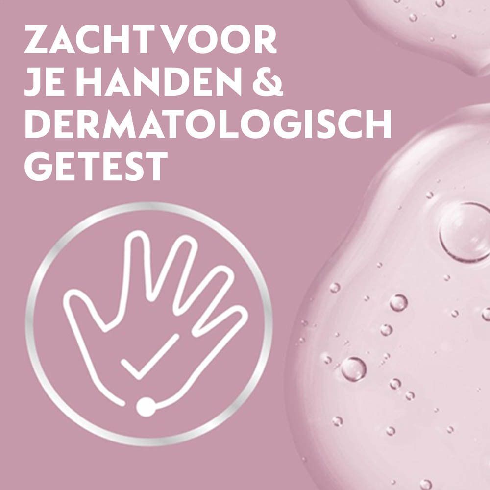 Hand-symbool met vinkje. Tekst: Zacht voor je handen & dermatologisch getest. Achtergrond: vloeistof met bellen.