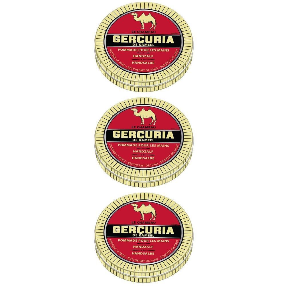 Trois boîtes rondes. Couvercle rouge avec logo chameau et texte: GERCURIA DE KAMEEL, Pommade pour les Mains, Handzalf, Handsalbe.