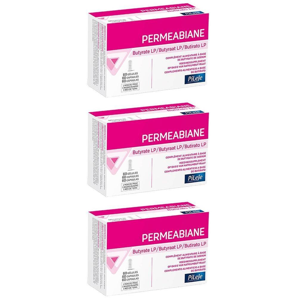 Trois boîtes de Permeabiane. Emballage rose et blanc avec nom du produit et logo. Contient 60 gélules.