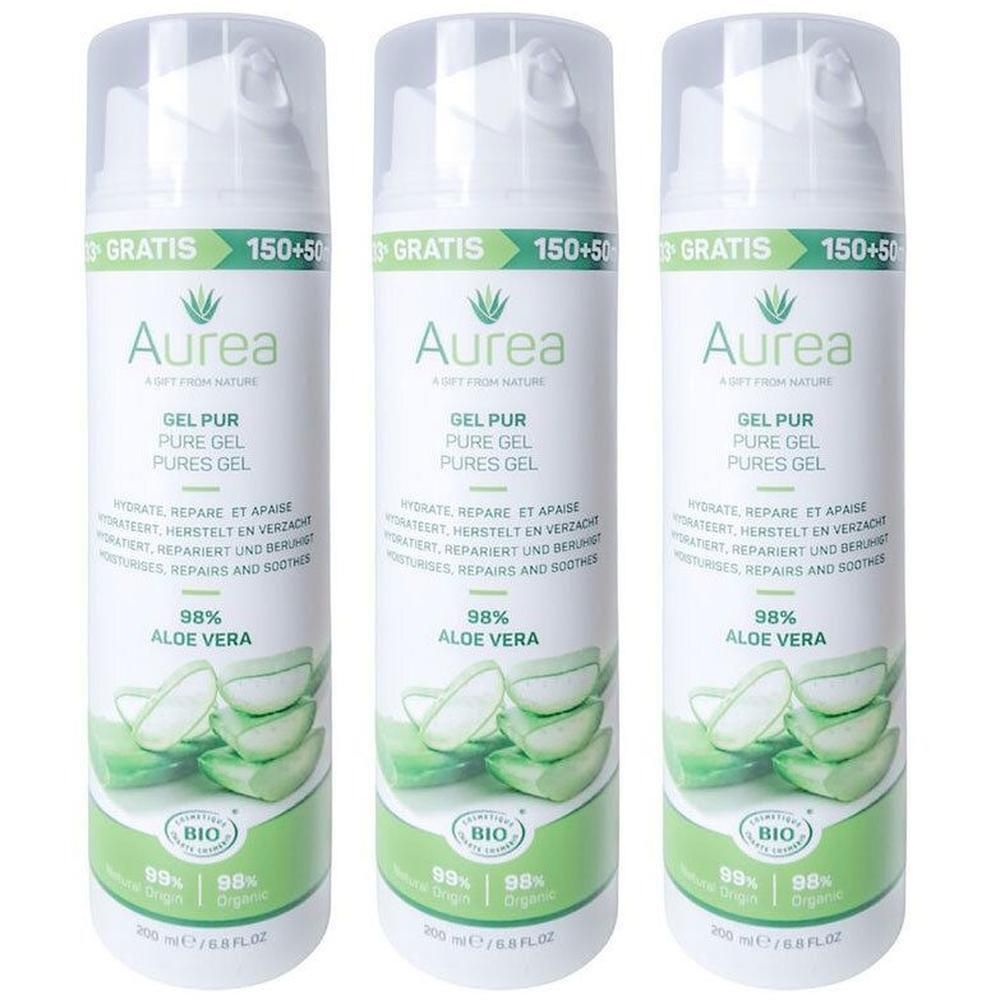 Drie witte flessen Aurea Gel Pur Aloe Vera. Opschrift: 98% Aloe Vera, bio-label. Met GRATIS-opdruk.