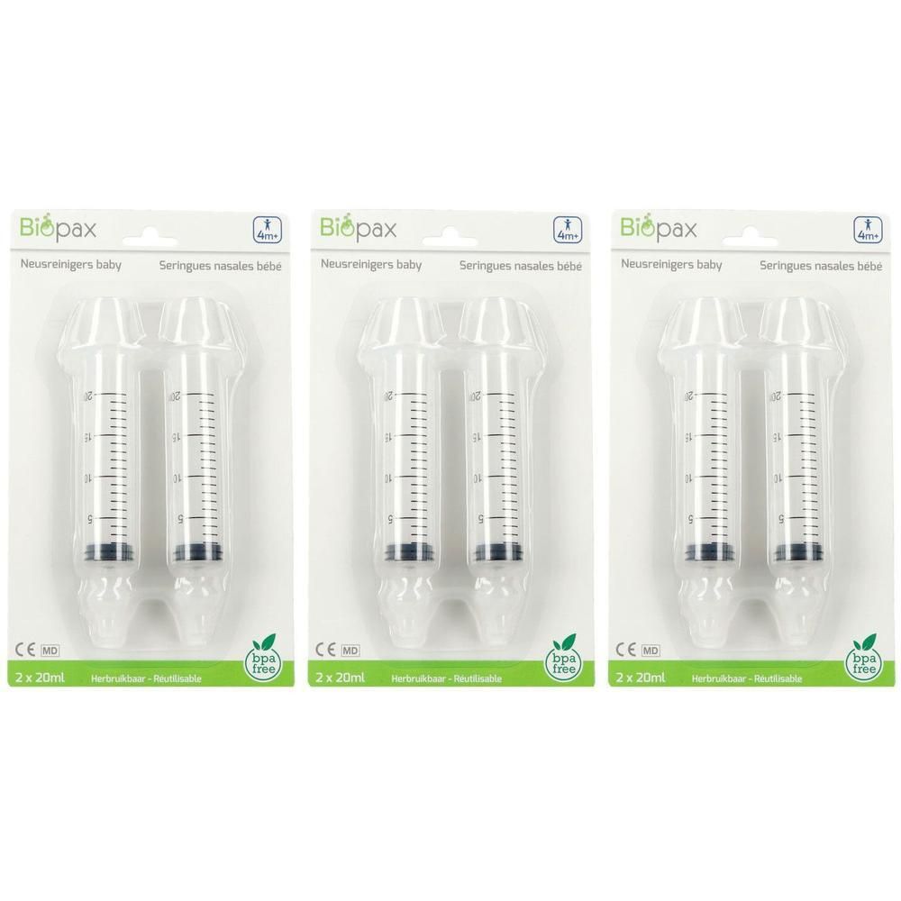 Trois emballages de deux seringues nasales pour bébés. Seringues en plastique transparent avec échelle graduée, emballées sous blister. Sans BPA.