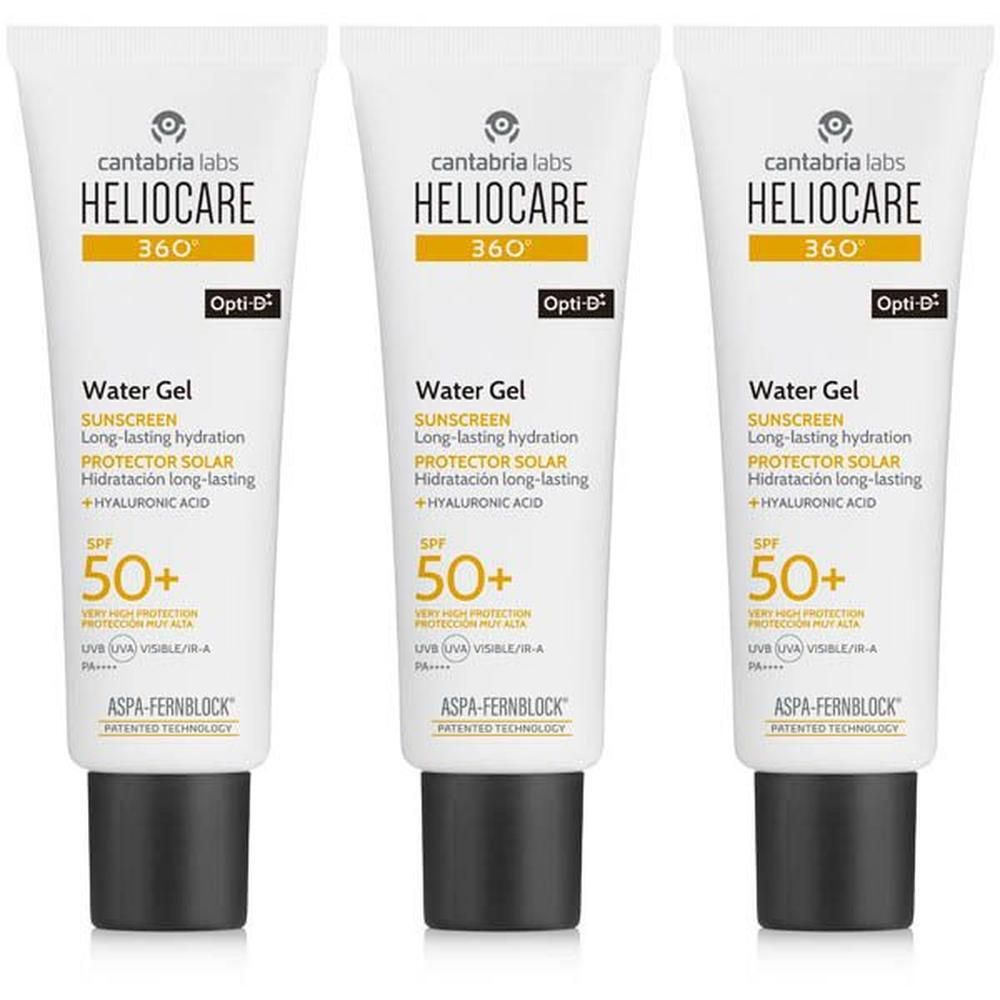 Drie tubes Heliocare 360° Water Gel SPF50+. Witte tubes met zwarte dop. Tekst: Heliocare 360°, Water Gel, SPF50+.