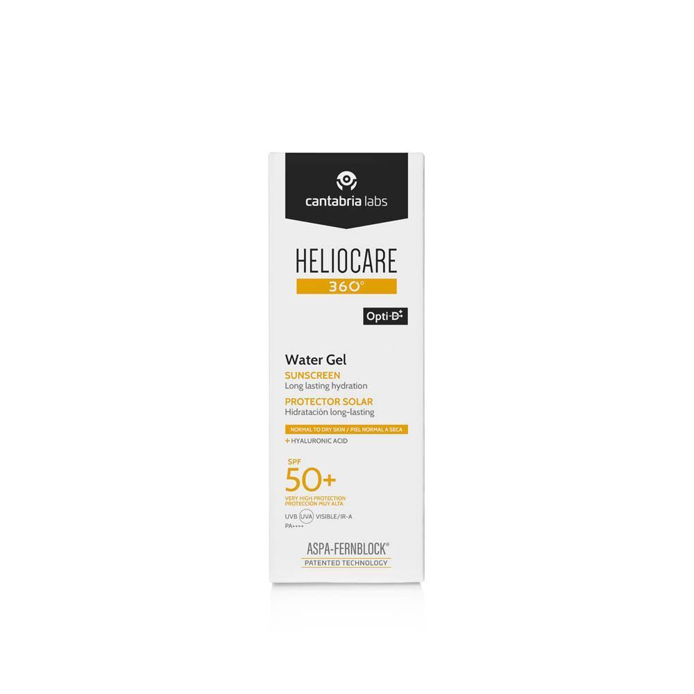 Tube de Heliocare 360° Water Gel SPF50+. Tube blanc avec bouchon noir. Texte: Heliocare 360°, Water Gel, SPF50+.