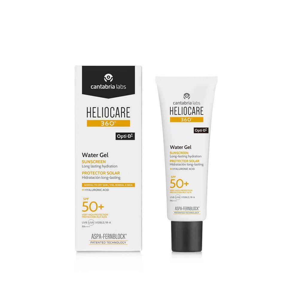 Tube et emballage de Heliocare 360° Water Gel SPF50+. Tube et emballage blancs. Texte: Heliocare 360°, Water Gel, SPF50+.