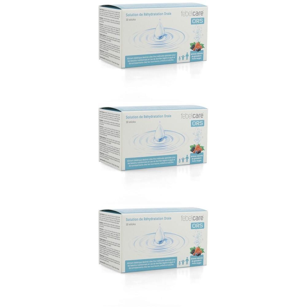 Trois boîtes Febelcare ORS. Emballage bleu clair avec illustration de goutte et fruits. Texte: 'Solutions de réhydratation orale'.