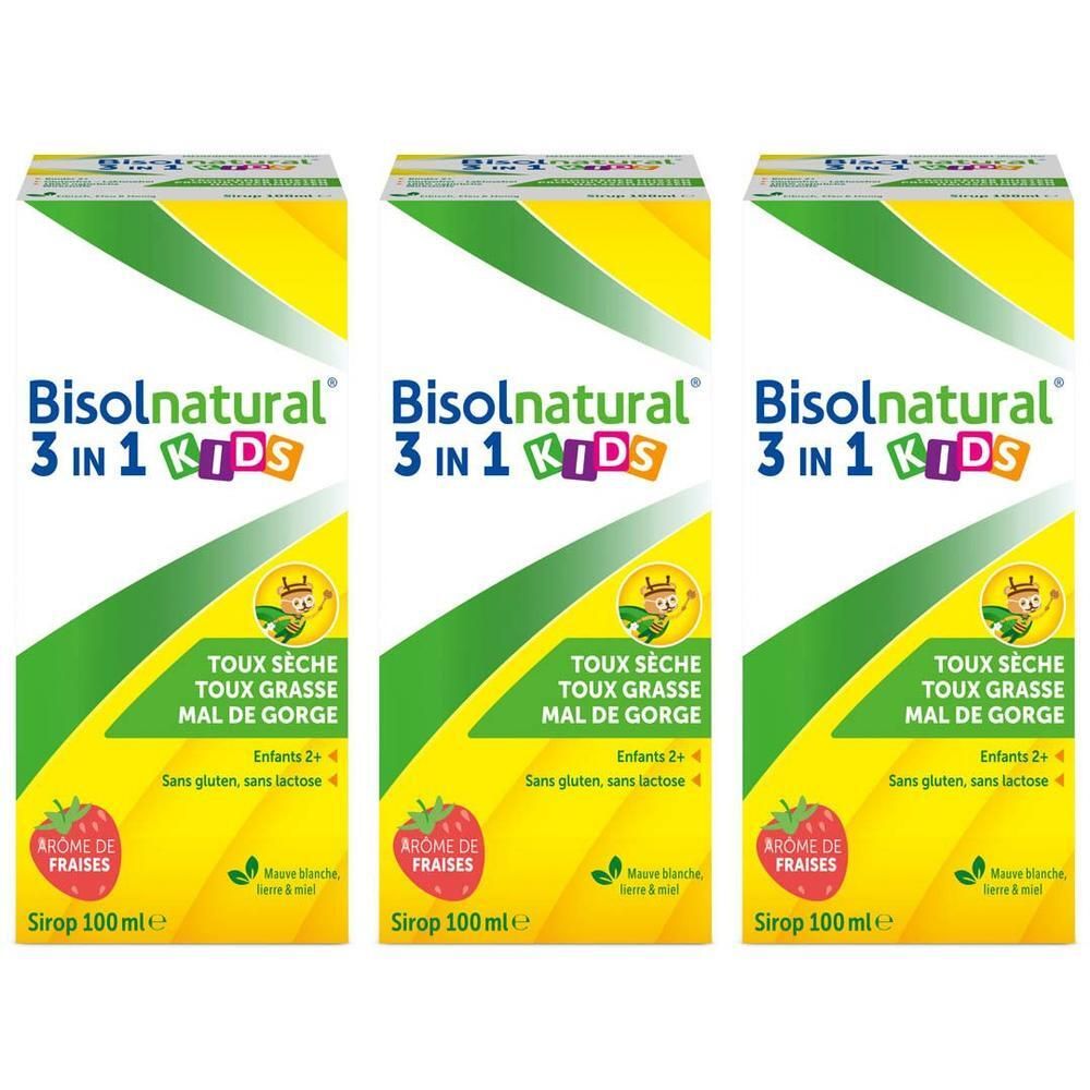 Trois boîtes de Bisolnatural 3 en 1 Kids. Emballage vert et jaune avec informations et arôme fraise.