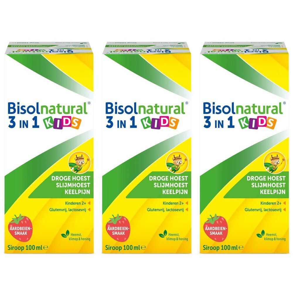 Drie verpakkingen Bisolnatural 3 in 1 Kids. Groen-gele verpakking met productinfo en aardbeiensmaak.