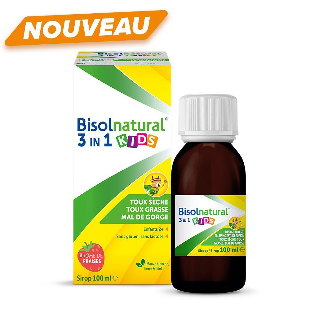 Bisolnatural 3 en 1 Kids, flacon et emballage. Flacon brun, emballage vert-jaune, avec arôme fraise.