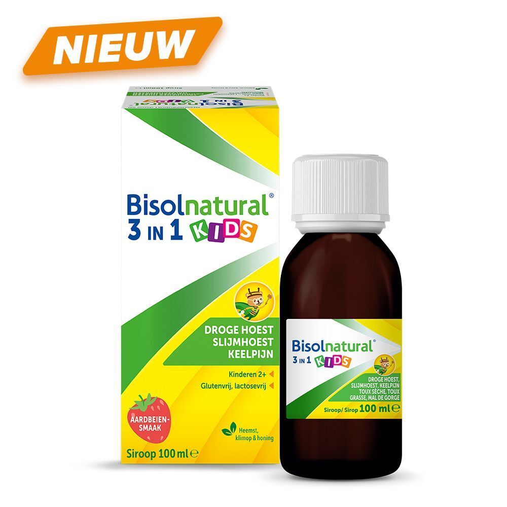 Bisolnatural 3 in 1 Kids fles en verpakking. Bruine fles, groen-gele verpakking, met aardbeiensmaak.