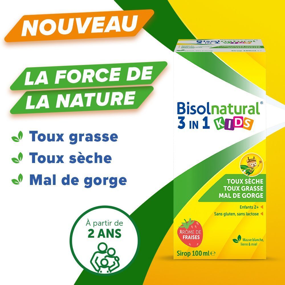 Emballage Bisolnatural 3 en 1 Kids. Texte : toux, mal de gorge. Arôme fraise. À partir de 2 ans.