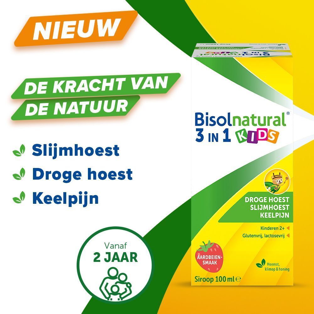 Verpakking Bisolnatural 3 in 1 Kids. Tekst: hoest, keelpijn. Met aardbeiensmaak. Vanaf 2 jaar.
