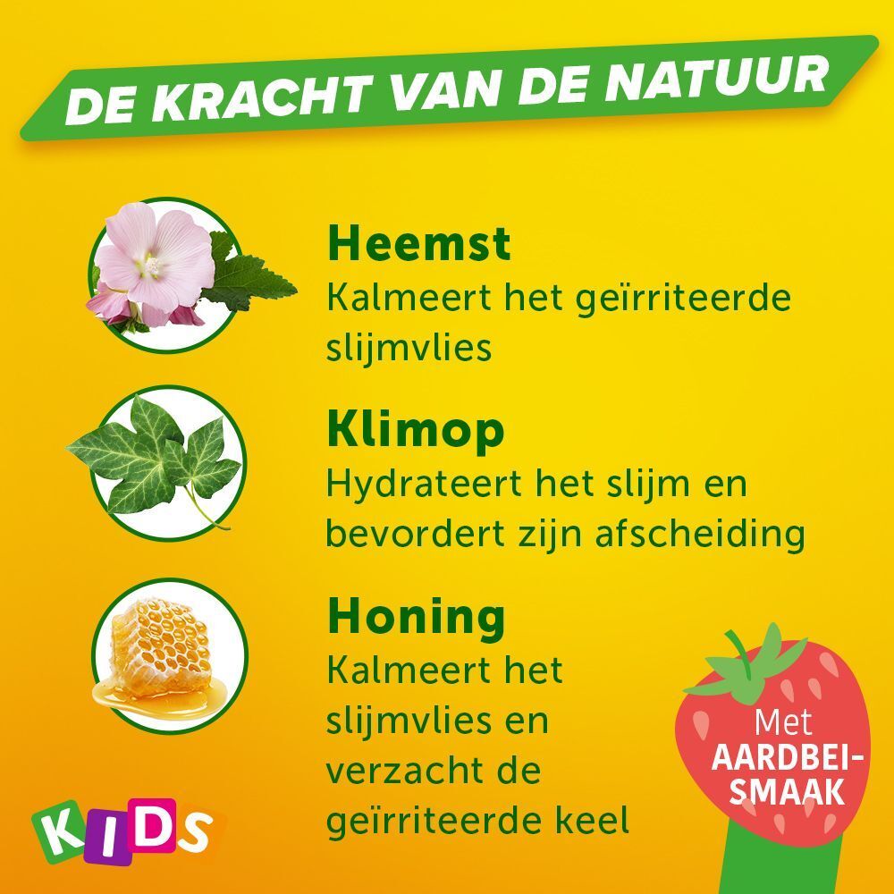 Grafiek met ingrediënten: heemst, klimop, honing. Beschrijvingen en aardbeiensmaak.
